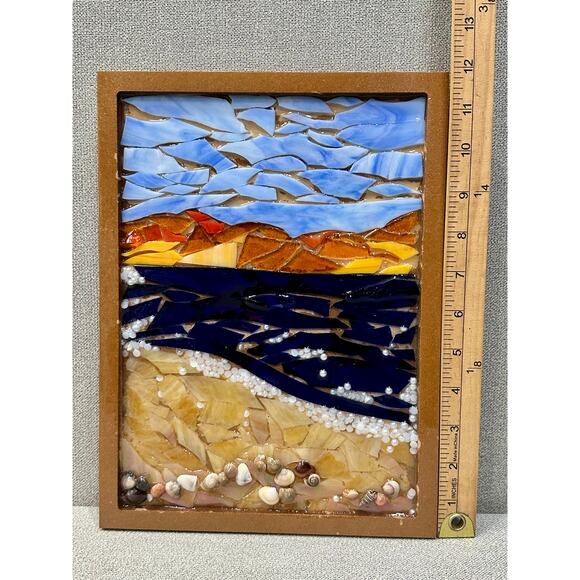 Handmade Art Glass Mosaic Seascape Art Beach Ocean View Landscape Signed - Picture 7 of 8